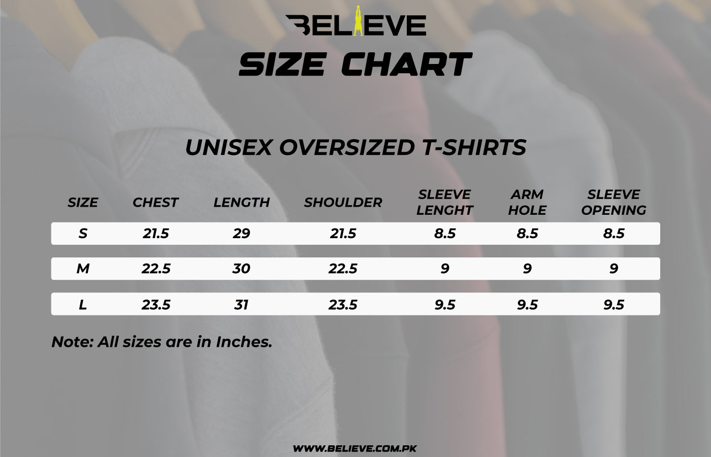 Size chart for unisex oversized t-shirts with a blurred background of t-shirts.